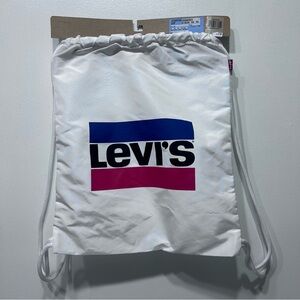 Levi's White Polyester Drawstring‎ Tote Shoe Everyday Gym Bag Red Blue Bar Logo